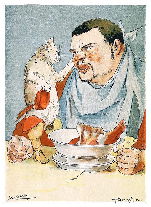 Puss in Boots mellows out the ogre who is sitting before a bowl full of raw meat