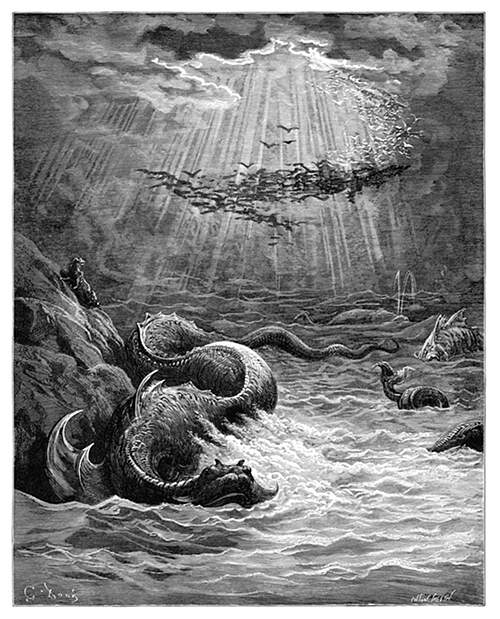 A large snake-like marine monster swims at the surface of the sea, rubbing its side against a rock