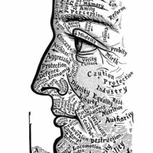 View of a face divided into various areas labeled according to physiognomic or similar theories.