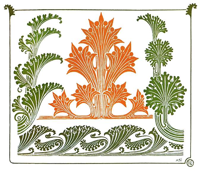 Color plate showing Art Nouveau foliage ornaments inspired by natural plant shapes