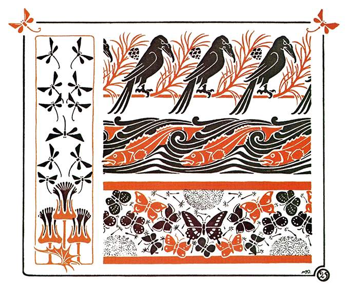 Color plate showing Art Nouveau ornaments including plants, birds, fish, butterflies, etc