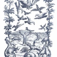 A wild man stands surrounded by mammals frisking about as fluttering birds fill the sky