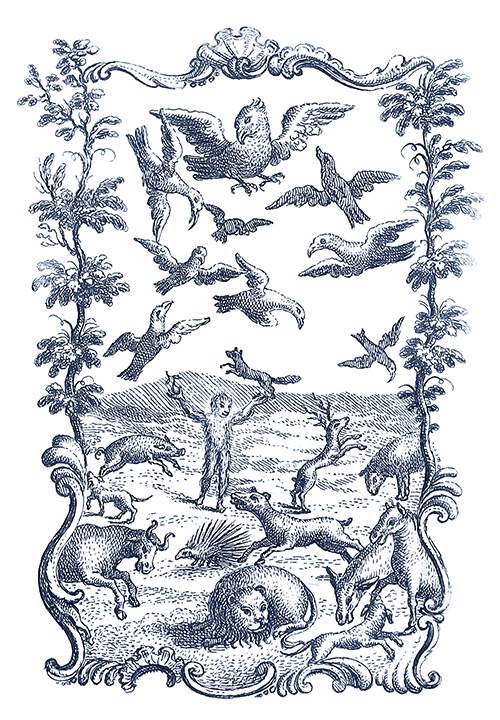 A wild man stands surrounded by mammals frisking about as fluttering birds fill the sky