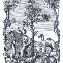 Various animals including a deer, a dromedary, insects, etc. can be seen on a rocky patch of land