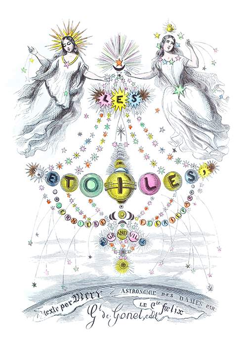 Hand-colored illustrated title of Les étoiles showing two female figures floating in the sky