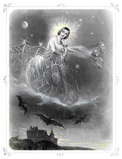 A female figure with a glow around her head is leaning on a balcony floating in the night sky