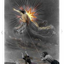 A man runs brandishing a knife behind a woman as a wrathful figure floats above them