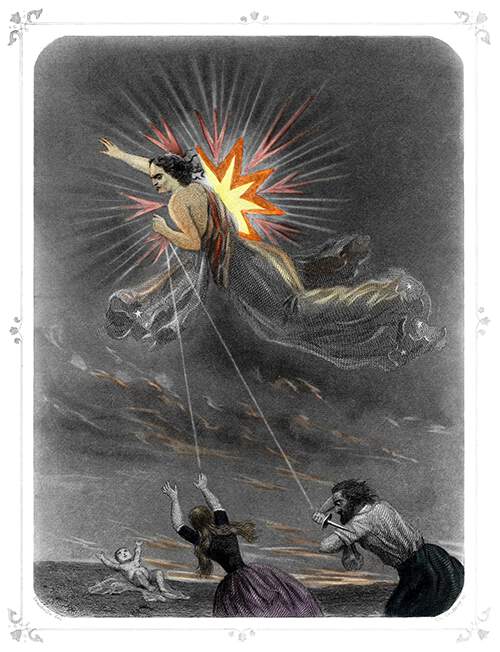 A man runs brandishing a knife behind a woman as a wrathful figure floats above them