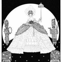 A woman in elaborate dress assisted by two page boys holds a parasol as the moon shines behind her