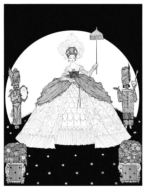 A woman in elaborate dress assisted by two page boys holds a parasol as the moon shines behind her