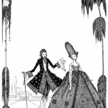 A man in 18th-century dress holds up a bunch of keys and shows it to the woman walking beside him