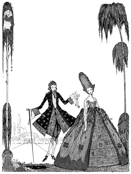 A man in 18th-century dress holds up a bunch of keys and shows it to the woman walking beside him