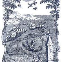 A tower stands overlooking a port and a stretch of land harboring a scorpion & other creatures