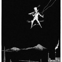 A boy descends from the night sky with a scroll of paper in his hand