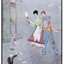 A young man and woman watch a black pudding come to life before them as fairies flutter about