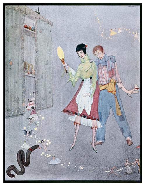 A young man and woman watch a black pudding come to life before them as fairies flutter about