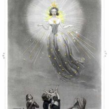 A female figure with a radiant halo floats in mid-air as a couple hold out their child to her
