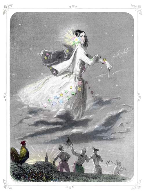 A female figure standing on clouds passes across the sky, a starry flower stuck in her hair