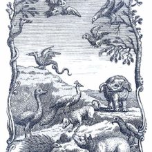 Creatures including an elephant, an owl, a dragon, etc. can be seen on an uneven stretch of land