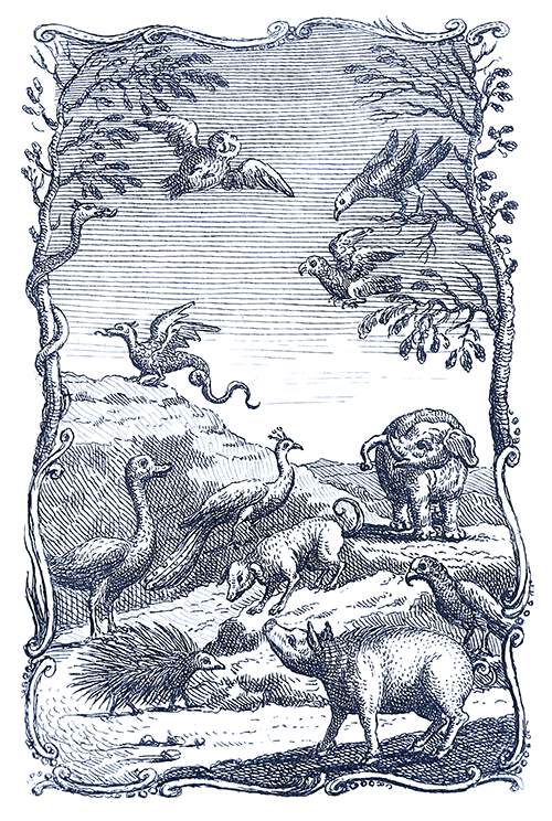 Creatures including an elephant, an owl, a dragon, etc. can be seen on an uneven stretch of land