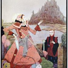 A man carrying a sword talks to another as a hill with numerous towers stands in the background