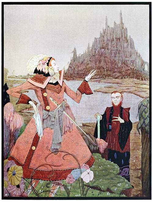 A man carrying a sword talks to another as a hill with numerous towers stands in the background
