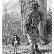 Gulliver looks up at a towering figure as an even taller character stands in the background