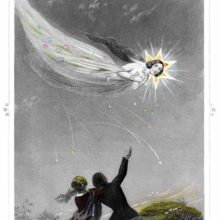 A female figure passes floating across the night sky as a young couple waves to her in greeting