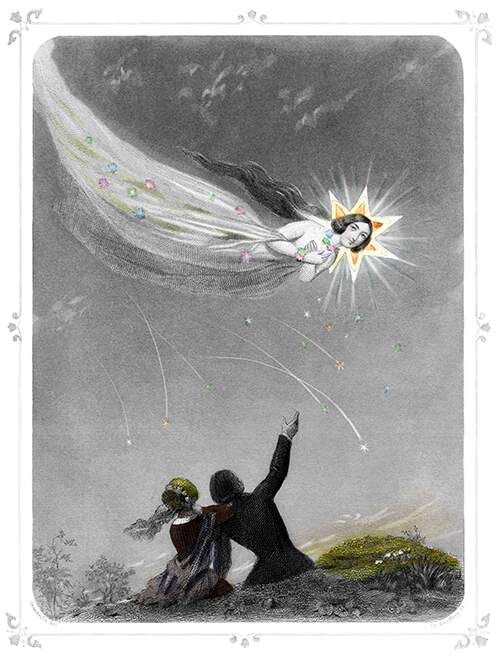 A female figure passes floating across the night sky as a young couple waves to her in greeting