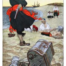 A pirate wearing a red sash stands on a beach next to a chest as two men dig a hole in the sand