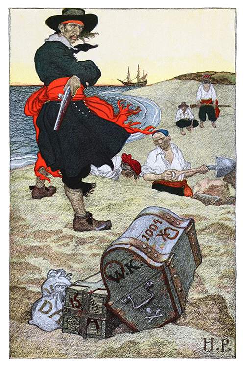 A pirate wearing a red sash stands on a beach next to a chest as two men dig a hole in the sand