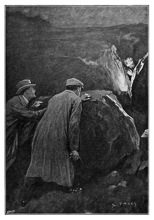 Two men with a gun hide behind a rock as another gazes at them from a similar shelter