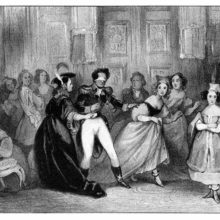 A man in uniform plays blind man's buff at a reception and starts groping around