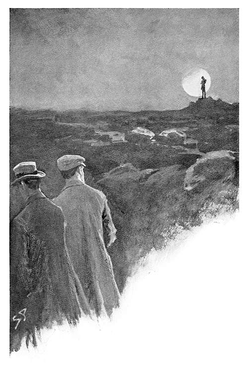 Two men are walking on a moor as a silhouette in the distance stands out against the moon