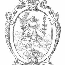 Good Fortune is represented as a young woman standing on a tortoise and carrying various symbols