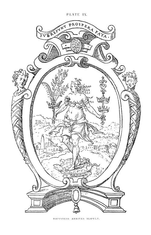 Good Fortune is represented as a young woman standing on a tortoise and carrying various symbols