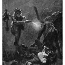 A man with a revolver shoots a large dog standing over a body lying on the ground