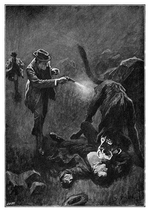 A man with a revolver shoots a large dog standing over a body lying on the ground