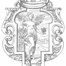 Fortune is depicted as a woman holding a vessel and standing next to sphere resting on a column