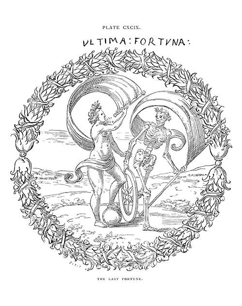 Fortune and Death are facing each other in an open landscape, each holding a banner