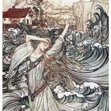 A young woman is caught among the live, anthropomorphic waves of a river rising around her