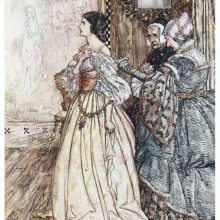 Two elderly women examine the back of a younger one seen from the side