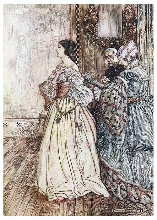 Two elderly women examine the back of a younger one seen from the side