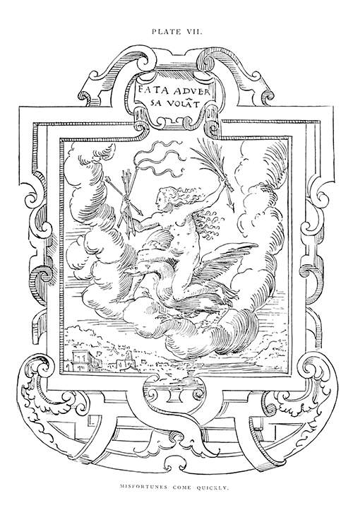 Ill-fortune is symbolized by a naked woman riding a bird and brandishing punishment instruments