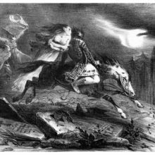 A female figure floats behind a man riding a galloping horse past some tombs