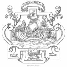 A ship filled with travelers is sailing with its sails swollen by the wind