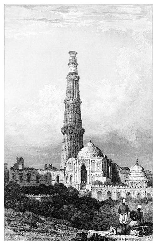 A five-storey minaret rises behind the façade of a run-down mosque, with two men in the foreground