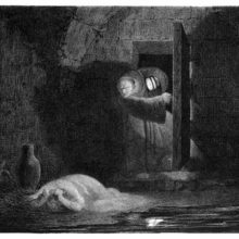 A tough-looking monk stands at the door of a dungeon and talks acrimoniously to a female prisoner