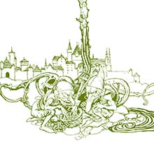 Two gnomes are squatting at the foot of tree on which a bird and an imaginary creature are perched