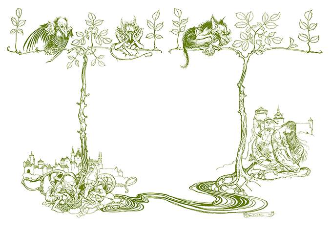 endpapers from Undine joined together & showing a scene with creatures on branches, gnomesetc.